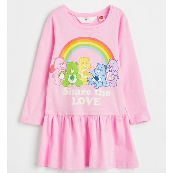 Girls H&M Care Bears Pink Colorful Rainbow Long Sleeve Dress Size 6x - Picture 1 of 10